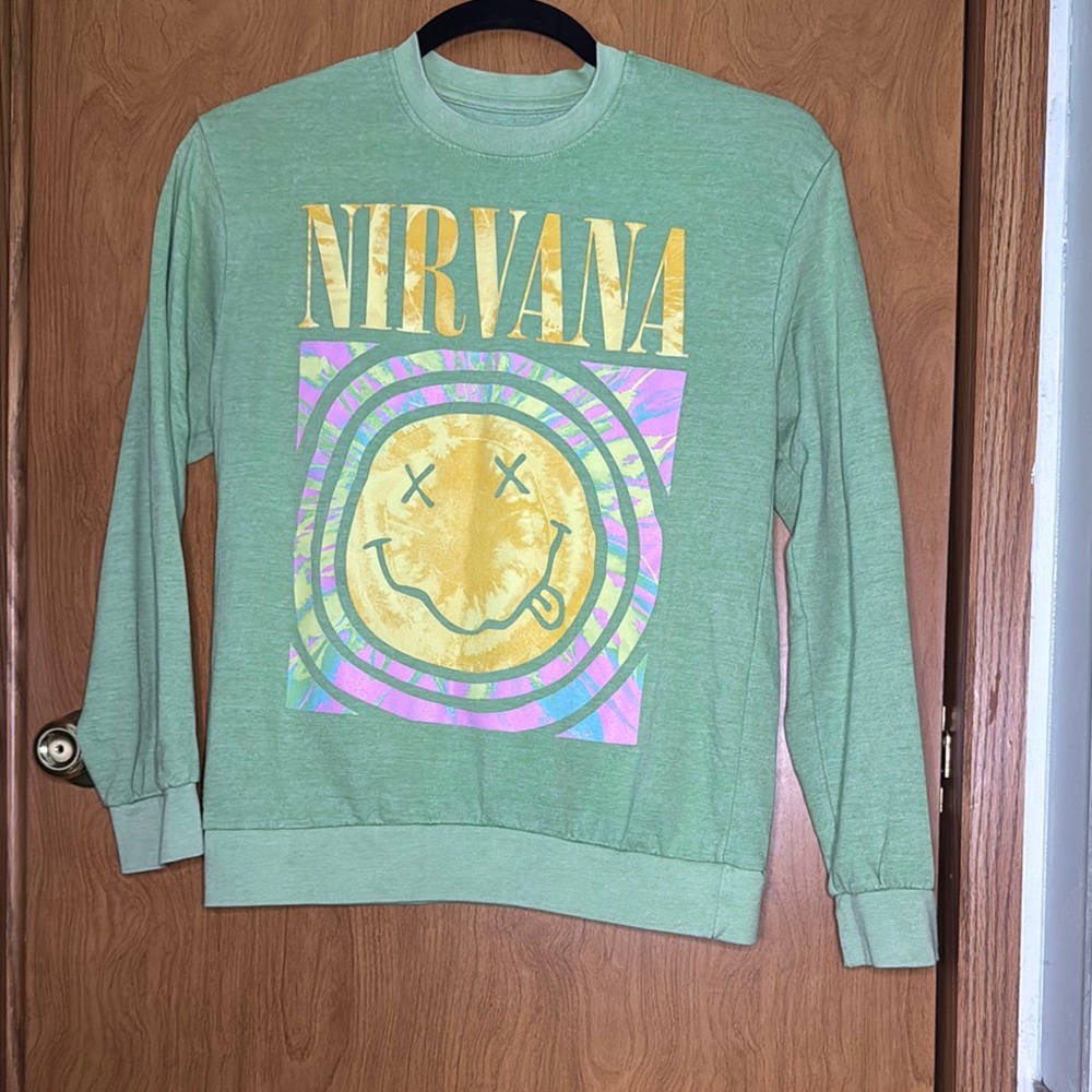 Nirvana Sweatshirt Medium Green Pink Yellow Oversized Graphic Print
